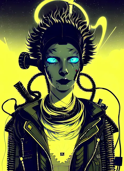 Image similar to highly detailed portrait of wasteland punk long curly bright yellow and white plasma electricity hair tribal lady, stray electric spark wiring by atey ghailan, james gilleard, by joe fenton, by greg rutkowski, by greg tocchini, by kaethe butcher, 4 k resolution, gradient yellow, black and white color scheme!!! ( ( lightning cloudy robotic dystopian city background ) )