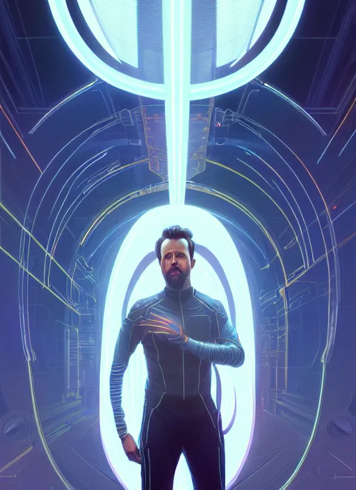 Image similar to symmetry! portrait of rob mcelhenney, sci - fi, tech wear, glowing lights!! intricate, elegant, highly detailed, digital painting, artstation, concept art, smooth, sharp focus, illustration, art by artgerm and greg rutkowski and alphonse mucha