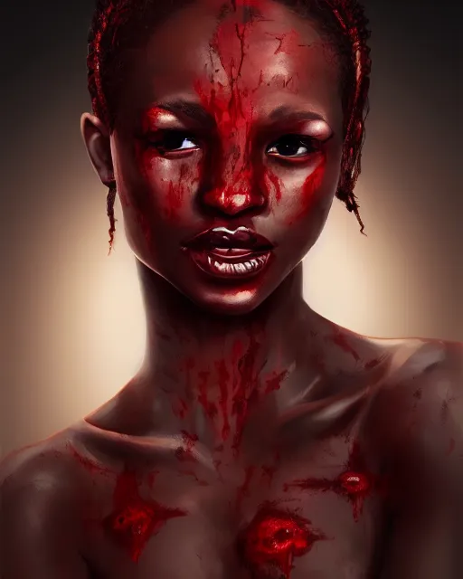 Image similar to beautiful ancient african demonic vampire girl, portrait, hyperrealistic, bloodstained