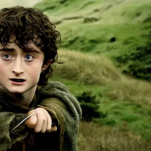 Image similar to Film still of a young Daniel Radcliffe as Frodo in Lord of the Rings: The Return of the King, 4k, wide shot, cinematic