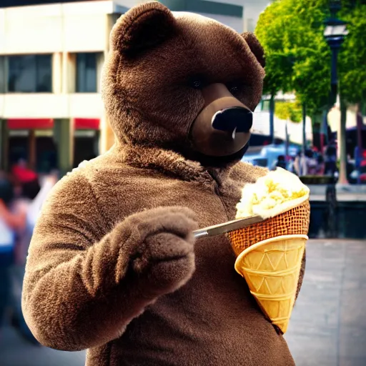 Image similar to a creepy man in a furry bear suit spying on Barack Obama eating a ice cream cone made of cheese, 35mm stock, highly detailed, HDR, ray tracing