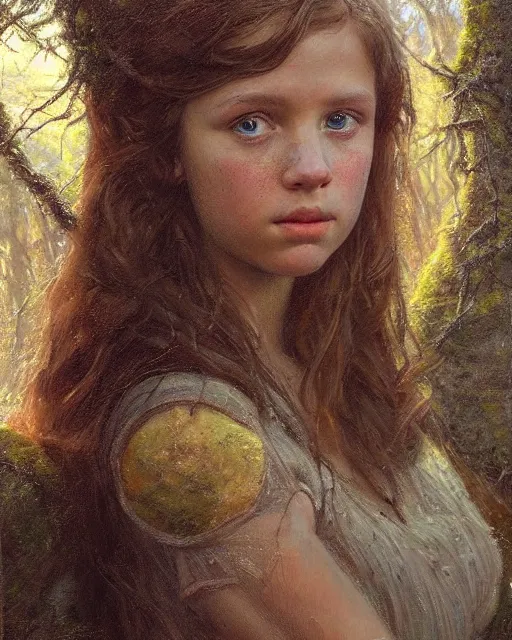 Image similar to a well - lit, realistic oil painting emotive portrait of a girl resembling a young, shy, redheaded irish alicia vikander or millie bobby brown in moss - covered ancient stone ruins at sunset, highly detailed, intricate, concept art, artstation, by donato giancola, ron cobb, and artgerm