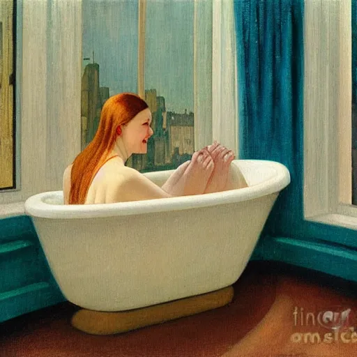 Image similar to realistic oil painting of young woman in a bathtub full of milk, smiling with her eyes closed as she washes herself, city lights from art deco window, hopper, mucha, irene patten, manara,