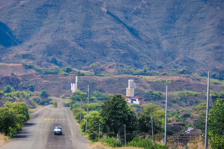 Image similar to looking down a road with warehouses on either side. hill background with radio tower on top. telephoto lens compression.