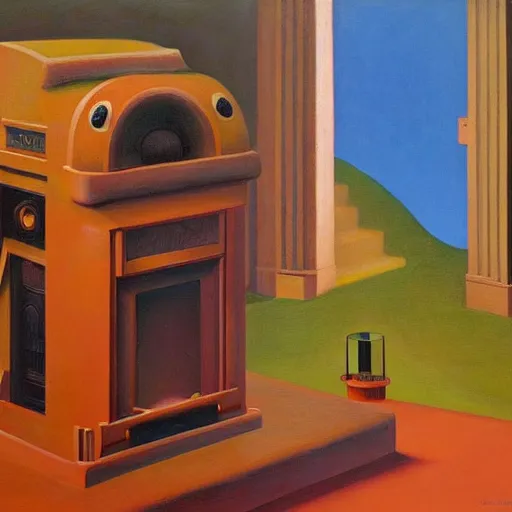 Image similar to a shrine to an ancient technological god, lowbrow, pj crook, ( ( ( grant wood ) ) ), ( ( ( edward hopper ) ) ), oil on canvas