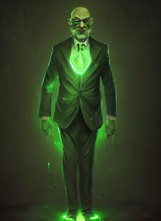 Image similar to a highly detailed illustration of bald old man wearing suit with green glowing eyes, dramatic standing pose, intricate, elegant, highly detailed, centered, digital painting, artstation, concept art, smooth, sharp focus, league of legends concept art, wlop.