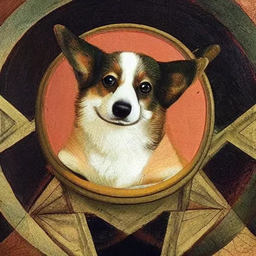 Image similar to corgi dog in cosmos painting, leonardo da vinci style