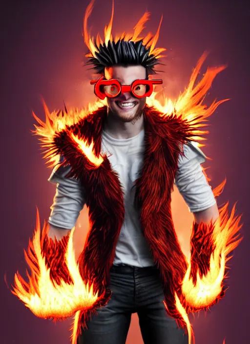 Image similar to An epic fantasy comic book style portrait painting of young man with red spiked long hair, using an orange lens googles. Wearing white shirt, a black waistcoat, brown pants and black boots. He is throwing a wild fire blast from his hands, with a vicious smile in face. Unreal 5, DAZ, hyperrealistic, octane render, cosplay, RPG portrait, dynamic lighting