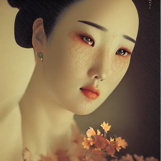 Image similar to portrait of a geisha, fractal, intricate, elegant, highly detailed, digital photography, subsurface scattering, cinematic lighting, by jheronimus bosch and james jean and greg rutkowski,