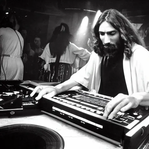 Prompt: jesus is a disk jockey in a london discotheque