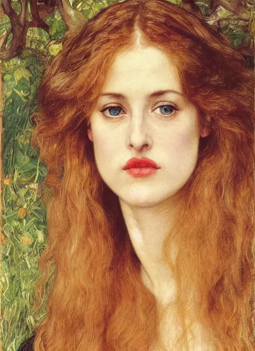 Image similar to a beautiful painting of young gillian anderson by John Everett Millais and Dante Gabriel Rossetti and John Collier and john william waterhouse, pre-raphaelite, detailed, trending on artstation