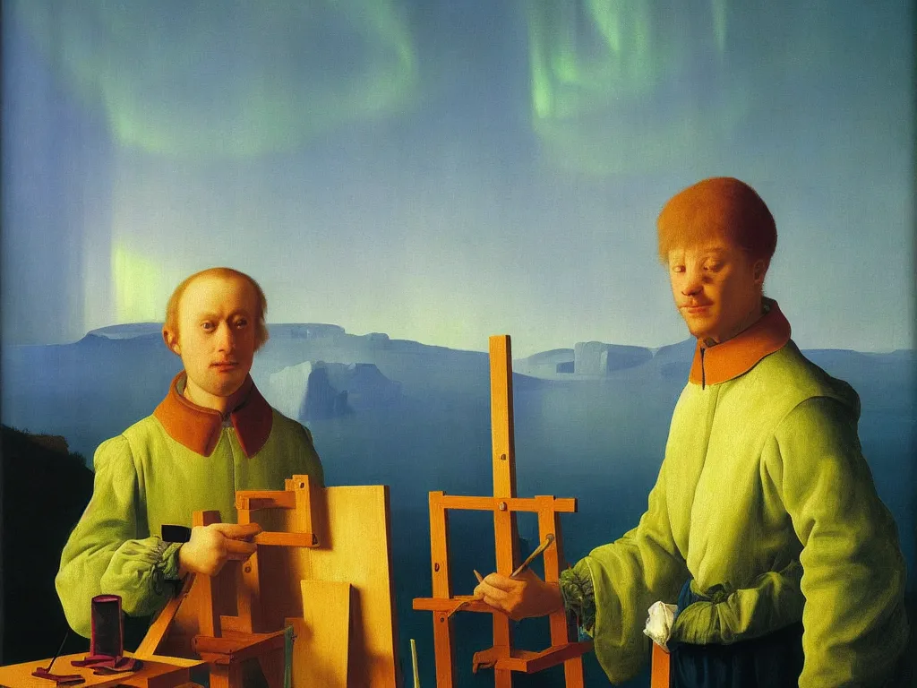 Image similar to portrait of a young painter at his easel, canvas. landscape with iceberg, aurora. painting by jan van eyck, rene magritte, agnes pelton