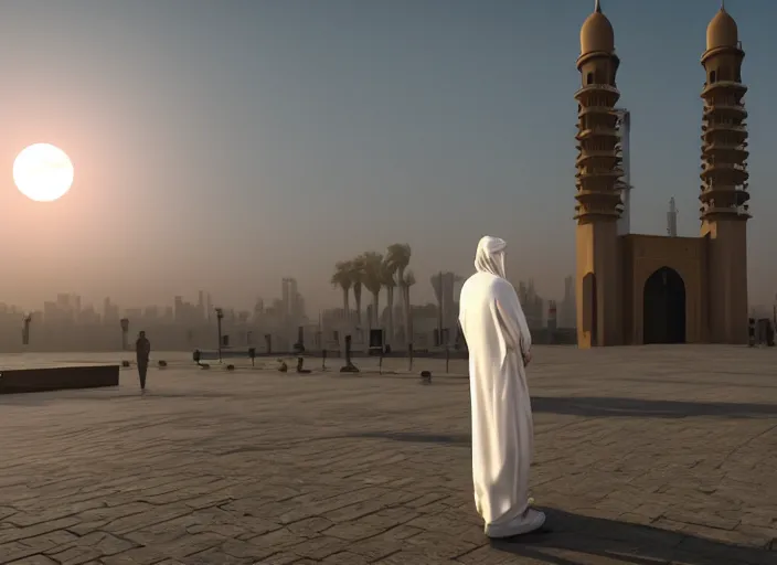 Prompt: jeddah city epic golden hour, magical time gate to another dimension, a man wearing a white robe standing watching over, dramatic lighting, dawn, by caspar david friedrich, unreal engine 5