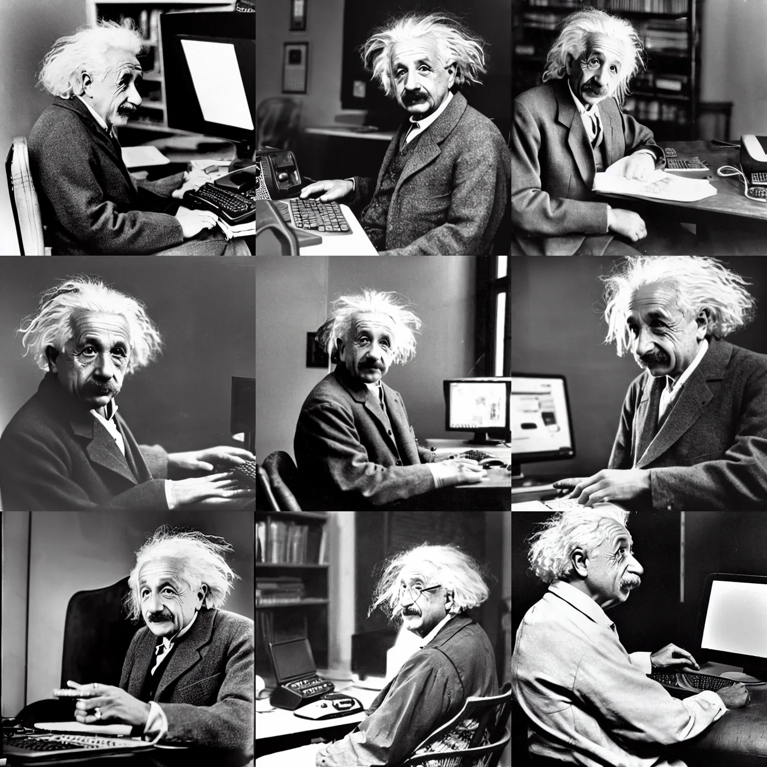 Prompt: Albert Einstein sitting at a gaming computer, professional photography