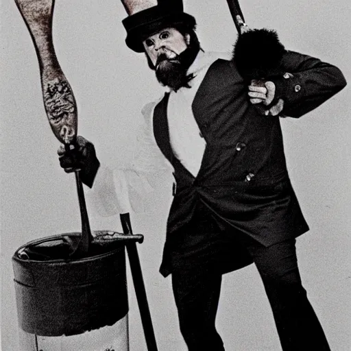 Prompt: wwf superstar gustav chamberlain, 7 ft tall, dangerous, deranged, wielding a crowbar, with a glass eye and a top hat