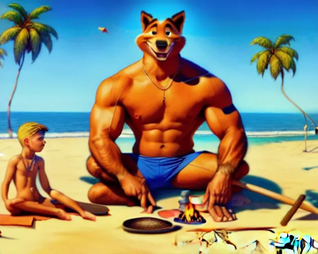 Prompt: muscular gandhi at the beach, sitting on the sand next to a campfire, with palm trees in the back, by artgerm, ilya kuvshinov katsuhiro villeneuve, jeremy lipkin and michael garmash and rob rey, disney pixar zootopia, by tristan eaton, stanley artgermm, tom bagshaw, greg rutkowski, carne griffiths