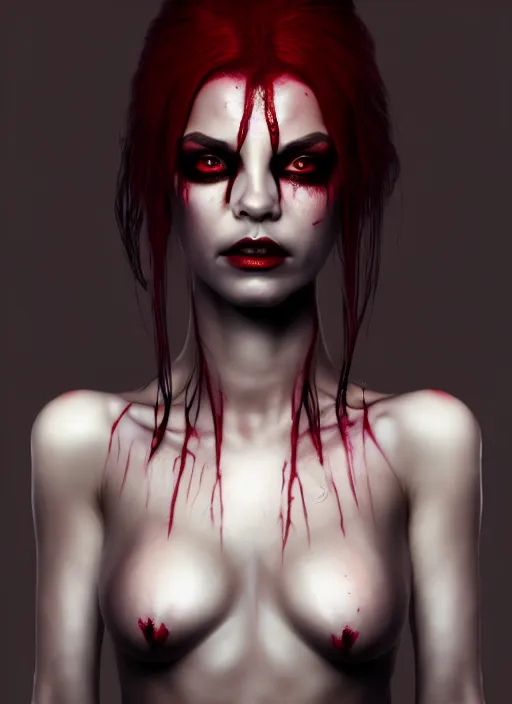 Image similar to full body portrait vampire queen blood highly detailed CGsociety subtle concept art HDR hyper realistic volumetric lighting subsurface scattering unreal