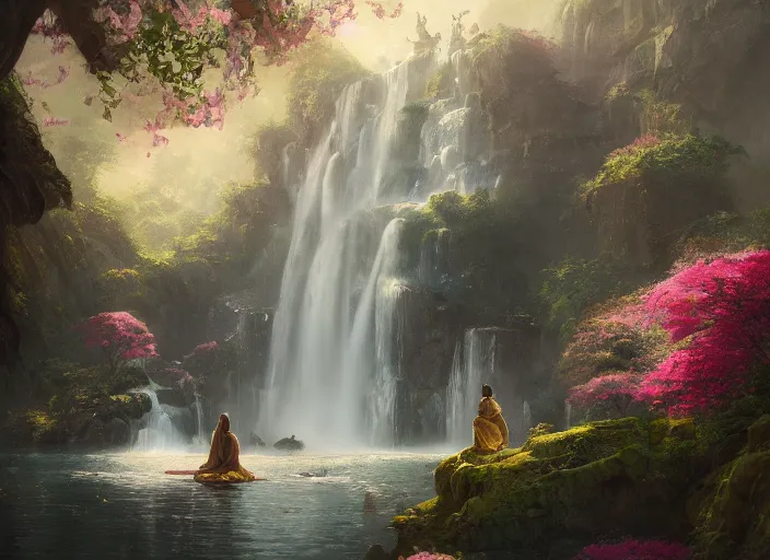 Prompt: a beautiful picture of waterfall in full bloom, palace, monk meditate, greg rutkowski, thomas kinkade, artstation