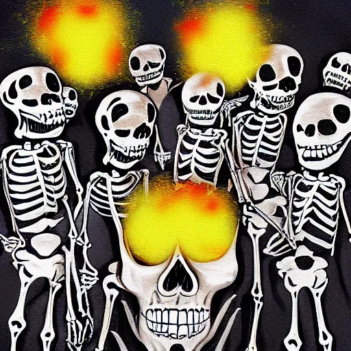 Prompt: skeletons exploding, by Bob Orsillo, abstract