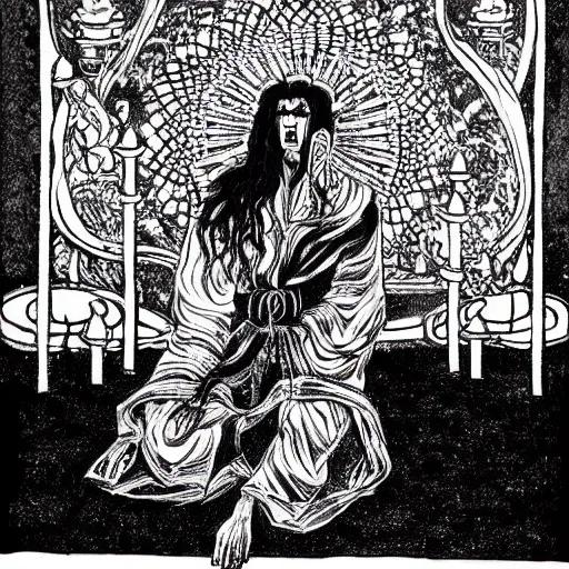 Prompt: black and white pen and ink!!!!!!! Suprani!!!!! wizard Nick Drake wearing High Royal flower print robes flaming!!!! final form flowing ritual royal!!! Contemplative stance Vagabond!!!!!!!! floating magic swordsman!!!! glides through a beautiful!!!!!!! Camellia!!!! Tsubaki!!! death-flower!!!! battlefield behind!!!! dramatic esoteric!!!!!! Long hair flowing dancing illustrated in high detail!!!!!!!! by Hiroya Oku!!!!!!!!! graphic novel published on 2049 award winning!!!! full body portrait!!!!! action exposition manga panel black and white Shonen Jump issue by David Lynch eraserhead and beautiful line art Hirohiko Araki!! Frank Miller, Kentaro Miura!, Jojo's Bizzare Adventure!!!! 3 sequential art golden ratio technical perspective panels horizontal per page