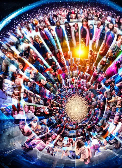 Image similar to group portraits, groups of diverse happy humans holding up large beautiful images, text morphing into rotating objects, highly detailed, super realistic, futuristic hall, perfect lighting pixel sorting