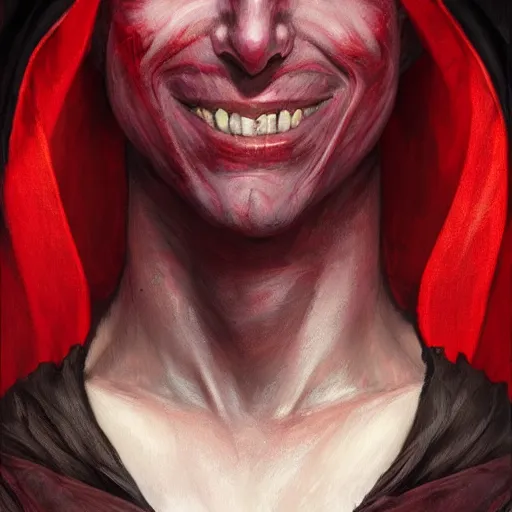 Image similar to portrait of a male tiefling with red skin wearing a black hood, smiling, D&D, fantasy, intricate, elegant, highly detailed, digital painting, artstation, concept art, smooth, sharp focus, illustration, art by artgerm and greg rutkowski and alphonse mucha