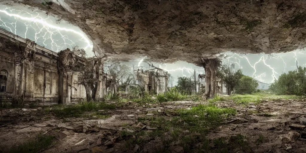 Image similar to abandoned city reclaimed by nature, cinematic shots, smooth lightning, happy, calm