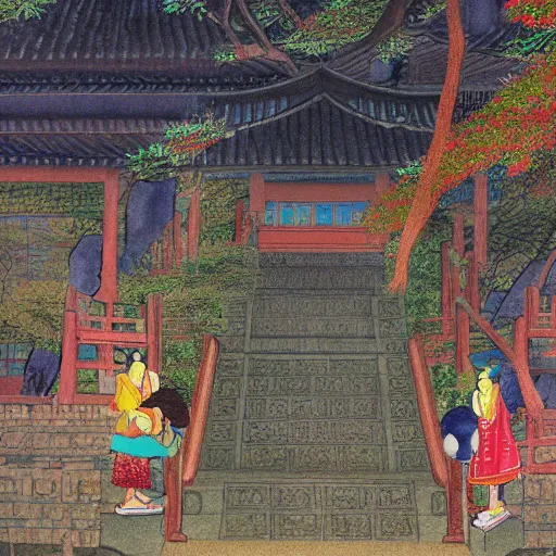 Prompt: stairs in Style of korean traditional folktale painting by Shin Yun-bok; Sin Yun-bok ; 8k resolution