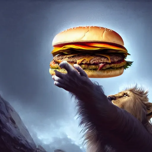 Image similar to commission of a male anthropomorphic albino lion eating an oversized hamburger,digital art,art by greg rutkowski,trevor henderson,ross tran,photorealistic,hyperdetailes,highly realistic,natural lighting,deviantart,artstation,dramatic,cinematic,4k,western comic style