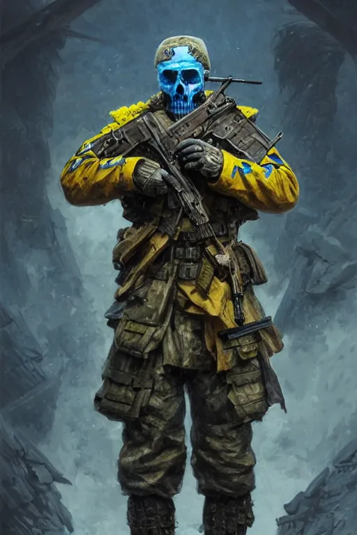 Image similar to a distant shot of a Ukrainian Call of Duty soldier with blue and yellow uniform standing alone on a pile of skulls as a winner, masculine figure, D&D, fantasy, intricate, elegant, highly detailed, extremely detailed, digital painting, artstation, concept art, matte, sharp focus, symmetrical, illustration, art by Artgerm and Greg Rutkowski and Alphonse Mucha