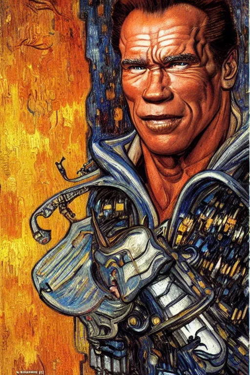 Image similar to character art the contra, bill rizer, arnold schwarzenegger, by karol bak, jean deville, gustav klimt, and vincent van gogh, trickster, enigma, destiny, inspiration, muse, otherworldly, arcane, spirals