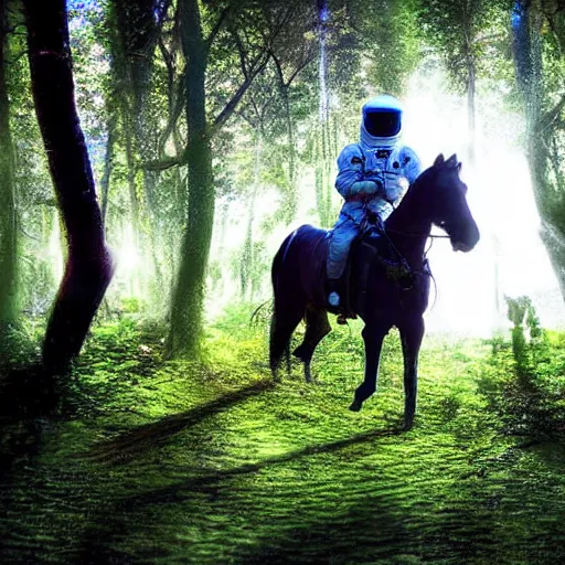 Prompt: a photo of an astronaut riding a horse in the forest. there is a river in front of them with water lilies.