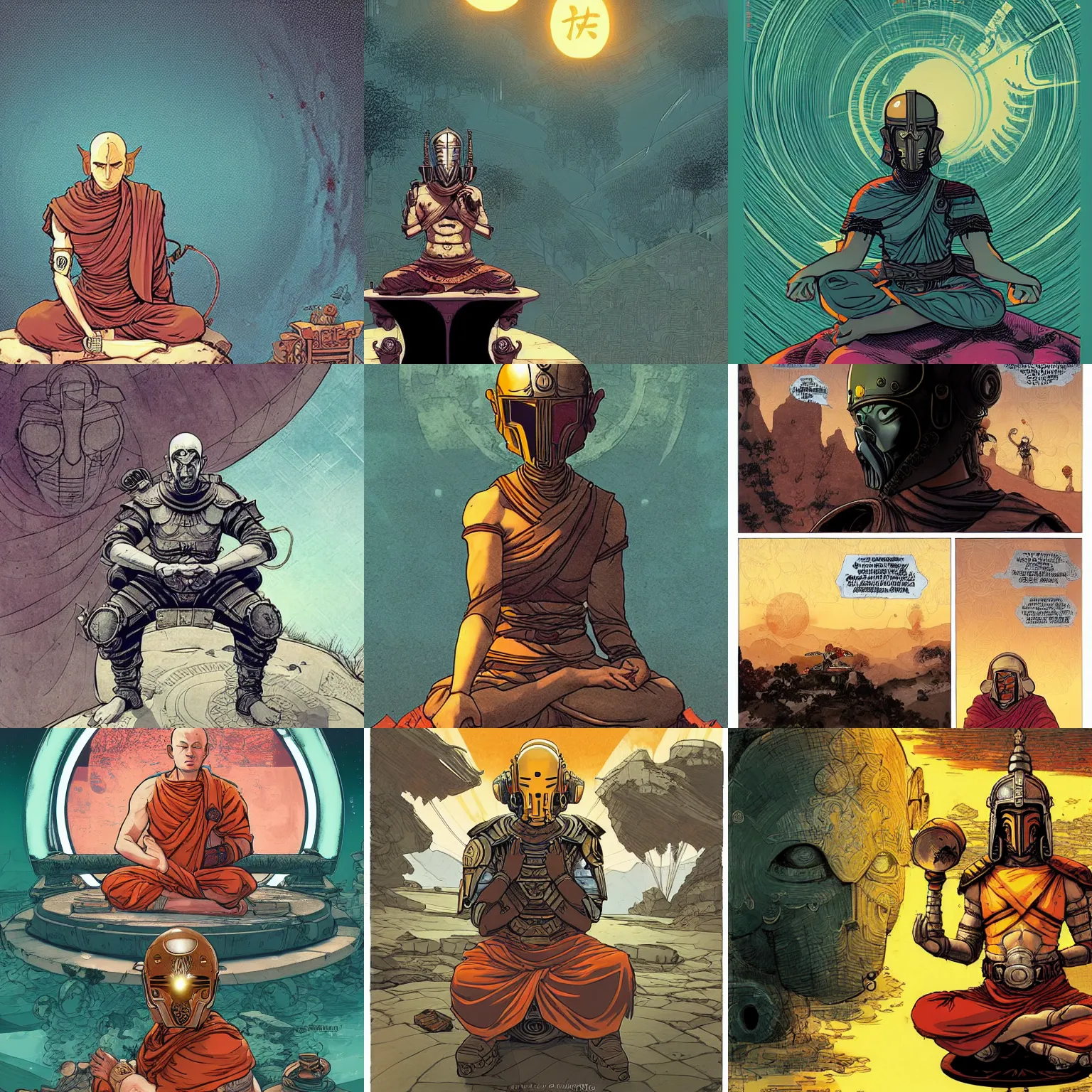 Prompt: badass monk with a spartan helmet meditating, by borderlands and by feng zhu and loish and laurie greasley, victo ngai, andreas rocha, john harris