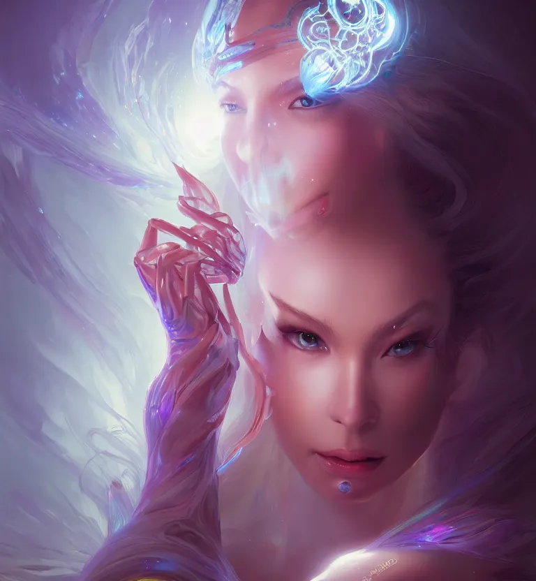 Image similar to portrait of a beautiful princess in robe. bio luminescent biomechanical halo around head. artwork by jarold Sng by artgerm, by Eddie Mendoza, by Peter mohrbacher by tooth wu, unreal engine, octane render, cinematic light, high details, iridescent colors, dichroic, macro