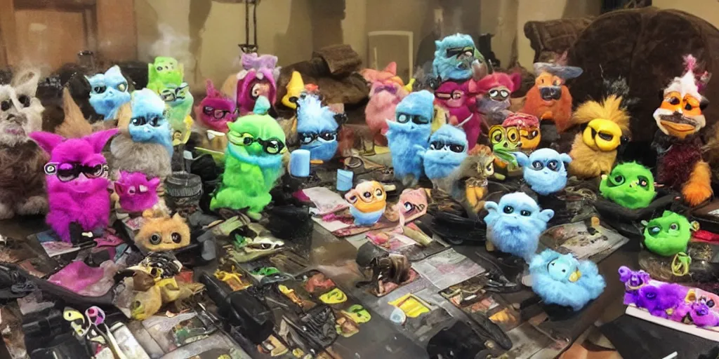 Image similar to an entire cadre of stoner furbies smoking from a variety of pipes, bongs, and implements.