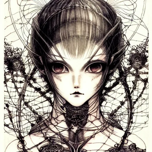 Prompt: prompt: Fragile looking vessel portrait tattooed face character soft light drawn by Vania Zouravliov and Takato Yamamoto, inspired by Fables, shiny knight armour, magical and alchemical weapons, soft light, white background, intricate detail, intricate ink painting detail, sharp high detail, manga and anime 2000