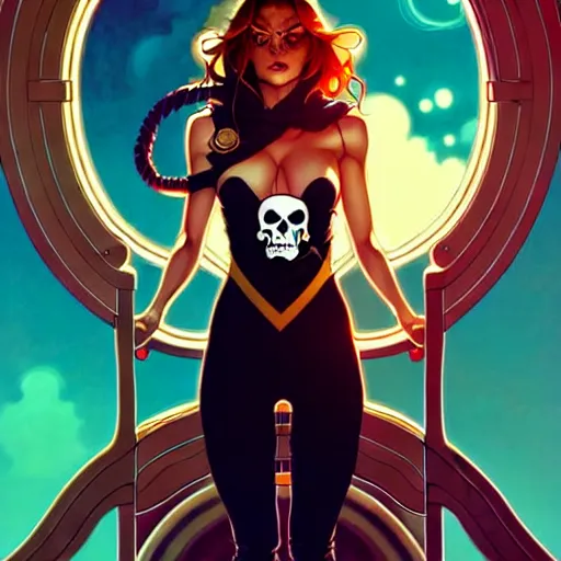 Image similar to artgerm, joshua middleton comic cover art, pretty pirate phoebe tonkin smiling, full body, symmetrical eyes, symmetrical face, long curly black hair, on a pirate ship background, warm colors