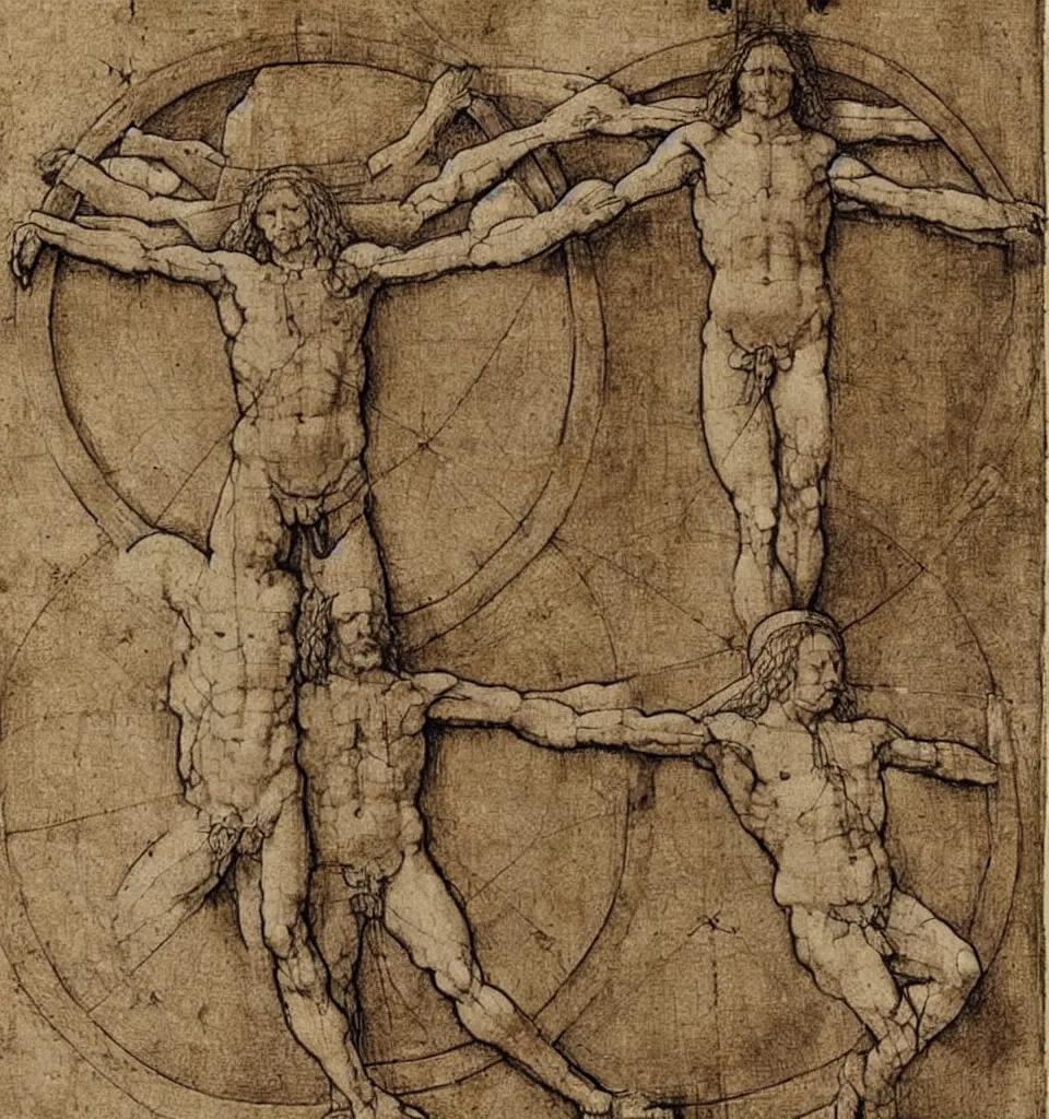 Prompt: Leonardo da Vinci's Vitruvian Man crucified on a cross, full body, centered