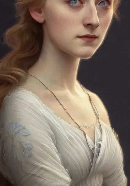 Image similar to sansa saoirse ronan, intricate, elegant, highly detailed, digital painting, artstation, concept art, smooth, sharp focus, illustration, art by artgerm and greg rutkowski and alphonse mucha and william - adolphe bouguereau