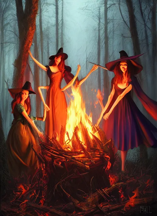 Image similar to three elegant, beautiful witches dancing around a bonfire in the woods at night, vivid colors, dark shadows, contrast, concept art, sharp focus, digital art, Hyper-realistic, 4K, Unreal Engine, Highly Detailed, Dramatic Lighting, Beautiful, by Brom, trending on Artstation, Tom Bagshaw