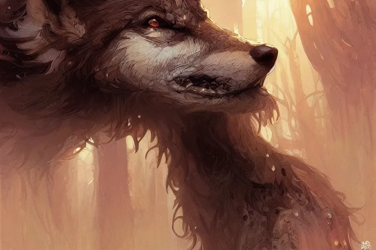 Image similar to wolf face, intricate, elegant, highly detailed, digital painting, artstation, concept art, smooth, sharp focus, illustration, art by Krenz Cushart and Artem Demura and alphonse mucha