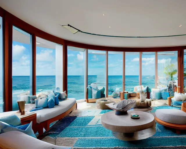 Image similar to A modern living room in a ocean hues style next to a big terrace overlooking the ocean, a luxurious wooden coffee table with large seashells on top in the center, inspired by the ocean, calm, relaxed style, harmony, wide angle shot, 8k resolution, ultra detailed