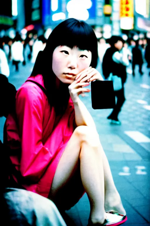 Prompt: dynamic street photography portrait of a pretty and beautiful japanese woman sitting at shibuya crossing, shot on cinestill 5 0 d with a 3 5 mm lens aperture f / 5. 6, dynamic composition, close up, full frame, full res sharp focus, realistic