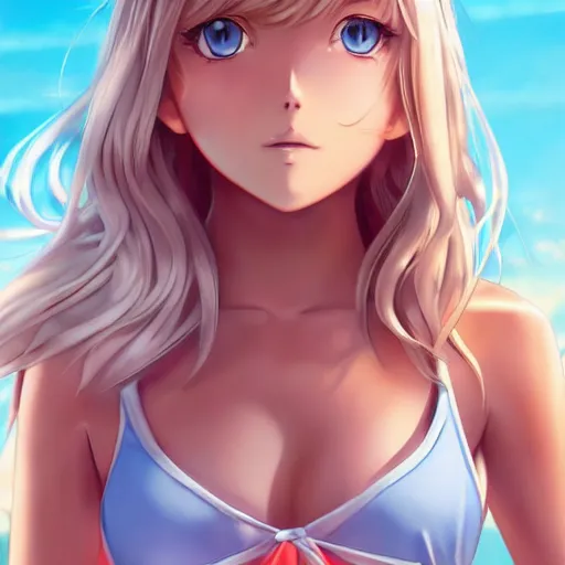 Image similar to a very beautiful proud young anime tennis girl, confident, full body, long wavy blond hair, sky blue eyes, full round face, bikini, miniskirt, front view, mid - shot, highly detailed, cinematic wallpaper by stanley artgerm lau