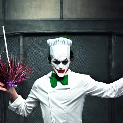 Image similar to cinematic shot of the joker wearing a chef's hat and a white shirt, 8 k, very intricate, very detailed,