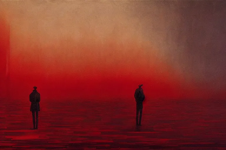 Image similar to only with red, a red dystopic knight, venice, flock of birds in the red sky, in the style of beksinski, parts by edward hopper, parts by rodcenko, parts by yue minjun, intricate and epic composition, red by caravaggio, insanely quality, highly detailed, masterpiece, red light, artstation, 4 k