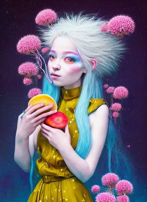 Image similar to hyper detailed 3d render like a Oil painting - kawaii portrait Aurora (white haired Singer Weasle) seen Eating of the Strangling network of yellowcake aerochrome and milky Fruit and Her delicate Hands hold of gossamer polyp blossoms bring iridescent fungal flowers whose spores black the foolish stars by Jacek Yerka, Ilya Kuvshinov, Mariusz Lewandowski, Houdini algorithmic generative render, Abstract brush strokes, Masterpiece, Edward Hopper and James Gilleard, Zdzislaw Beksinski, Mark Ryden, Wolfgang Lettl, hints of Yayoi Kasuma, octane render, 8k