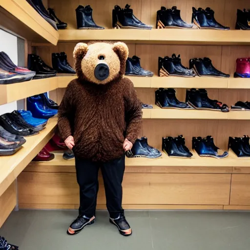 Image similar to a photograph of a man poorly cosplaying as a bear, he is in a shoe store, he is standing in between long store isles, vivid color, 50mm