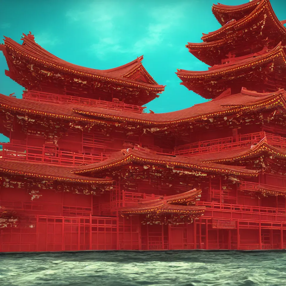 Prompt: A red ancient Japanese architectural building under the sea, 8k, very high detailed, cinematic, octane render, intricate