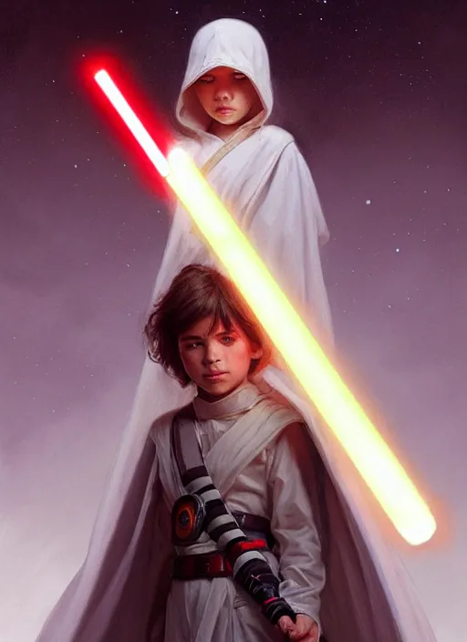 Image similar to perfectly - centered - portrait of a kid wearing white cloak holding light saber, intricate, highly detailed, digital painting, artstation, concept art, smooth, sharp focus, illustration, unreal engine 5, 8 k, art by artgerm and greg rutkowski and alphonse mucha